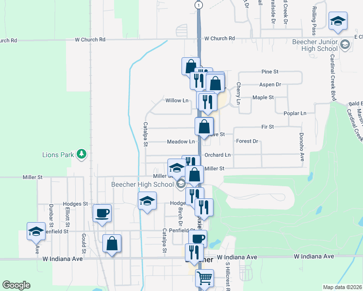 map of restaurants, bars, coffee shops, grocery stores, and more near 522 Orchard Lane in Beecher