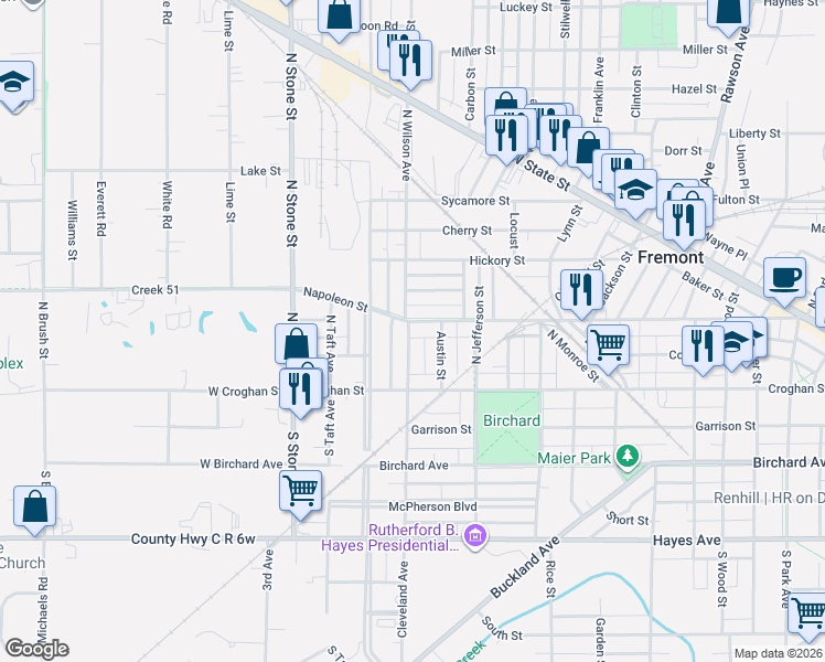 map of restaurants, bars, coffee shops, grocery stores, and more near 111 North Wilson Avenue in Fremont