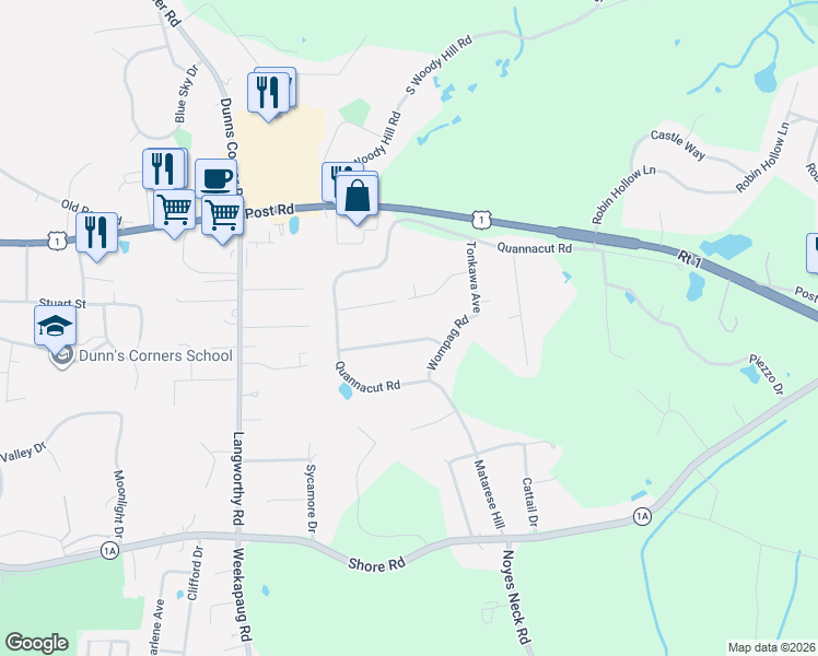 map of restaurants, bars, coffee shops, grocery stores, and more near 4 Wetomachick Avenue in Westerly