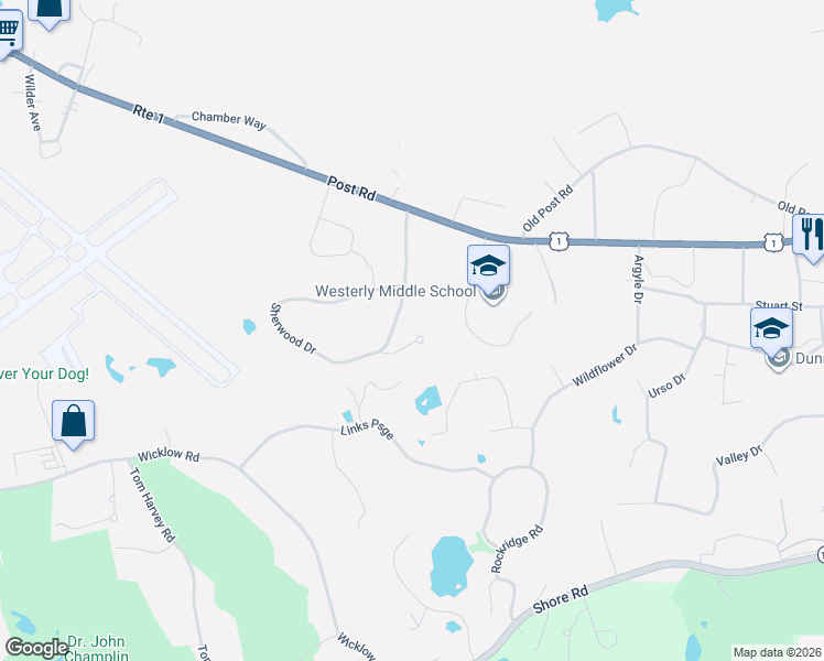 map of restaurants, bars, coffee shops, grocery stores, and more near 3 Sablemont Court in Westerly