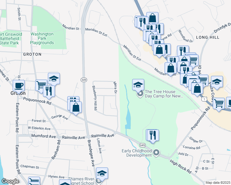map of restaurants, bars, coffee shops, grocery stores, and more near 58 Mirra Drive in Groton