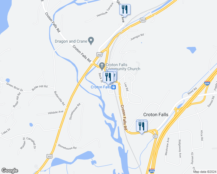 map of restaurants, bars, coffee shops, grocery stores, and more near 2 Center Street in Brewster