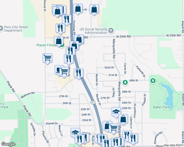 map of restaurants, bars, coffee shops, grocery stores, and more near 3013 Independence Drive in Peru