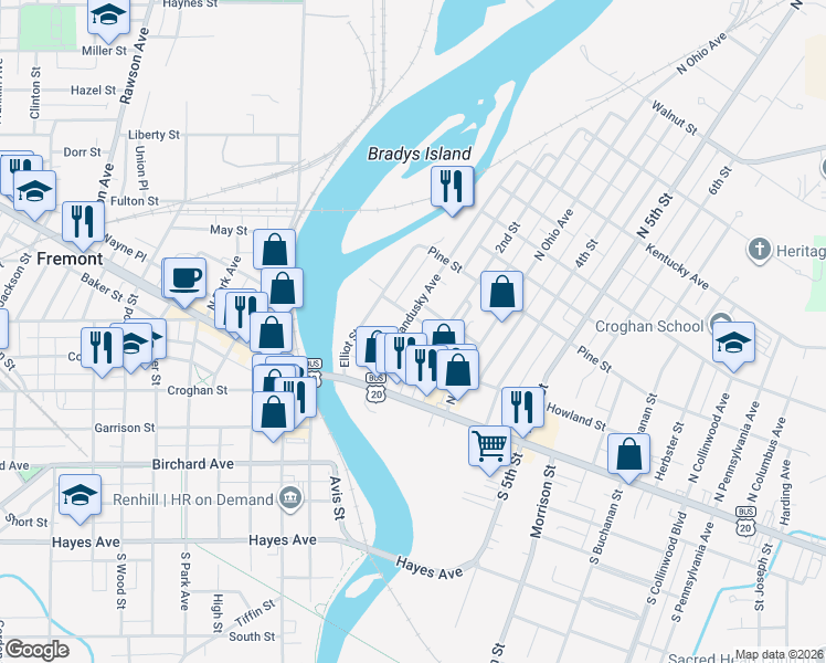 map of restaurants, bars, coffee shops, grocery stores, and more near 211 Howland St in Fremont