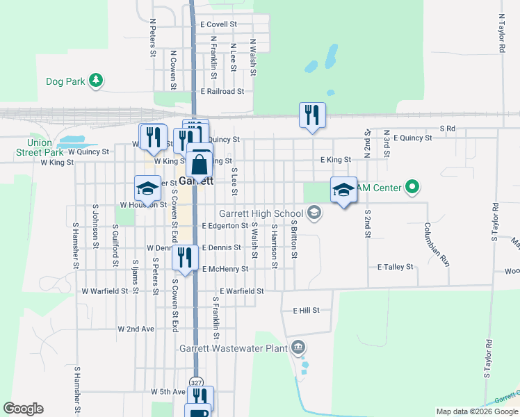 map of restaurants, bars, coffee shops, grocery stores, and more near 400-498 East Edgerton Street in Garrett