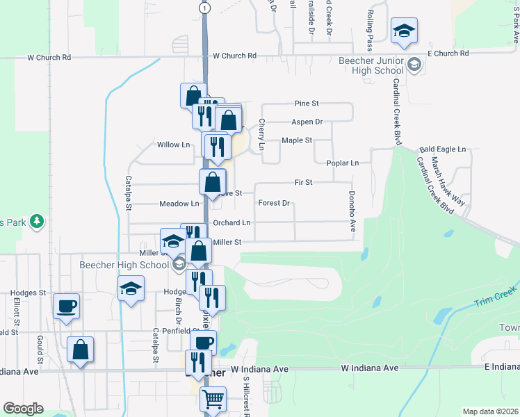 map of restaurants, bars, coffee shops, grocery stores, and more near 352 Orchard Lane in Beecher