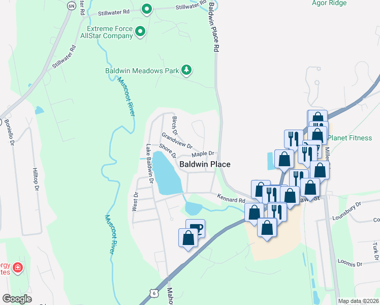 map of restaurants, bars, coffee shops, grocery stores, and more near 26 Maple Drive in Mahopac