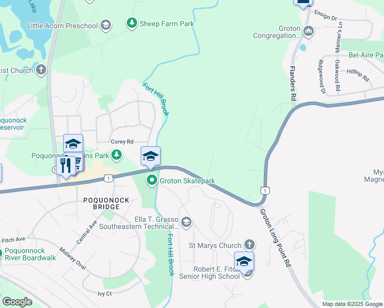 map of restaurants, bars, coffee shops, grocery stores, and more near 224 Fort Hill Road in Groton