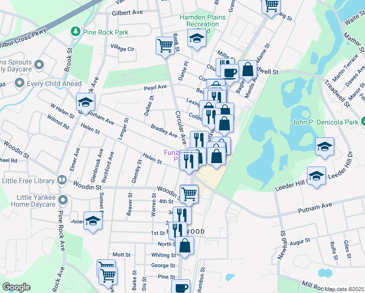 map of restaurants, bars, coffee shops, grocery stores, and more near 70 Circular Avenue in Hamden