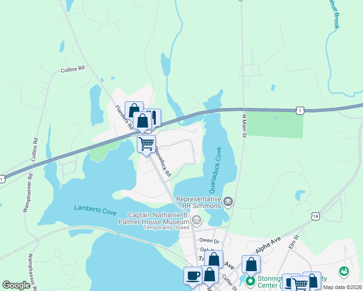 map of restaurants, bars, coffee shops, grocery stores, and more near 35 Quanaduck Road in Stonington