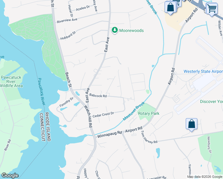 map of restaurants, bars, coffee shops, grocery stores, and more near 3 Gilleo Drive in Westerly