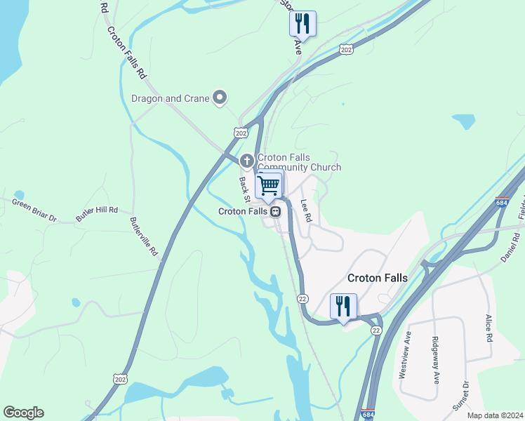 map of restaurants, bars, coffee shops, grocery stores, and more near 4 West Cross Street in North Salem