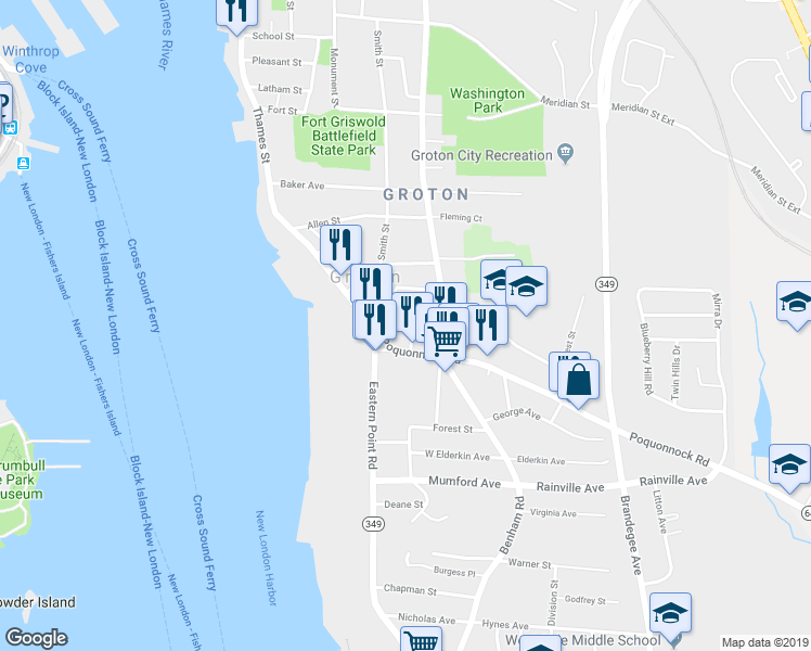 map of restaurants, bars, coffee shops, grocery stores, and more near 16 Denison Avenue in Groton