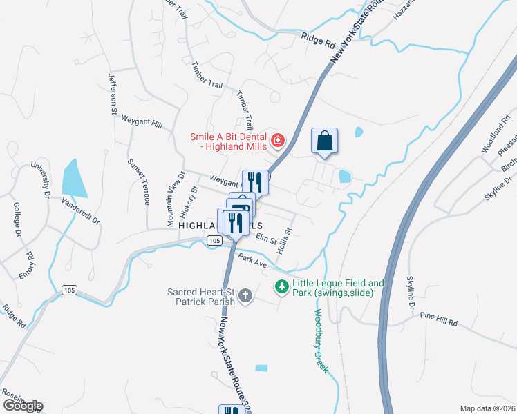 map of restaurants, bars, coffee shops, grocery stores, and more near 535 New York 32 in Woodbury