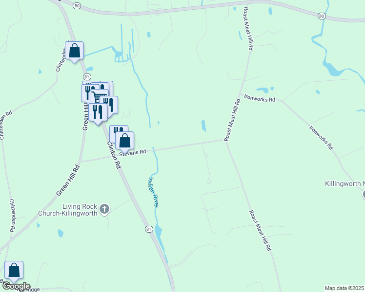 map of restaurants, bars, coffee shops, grocery stores, and more near 25 Stevens Road in Killingworth