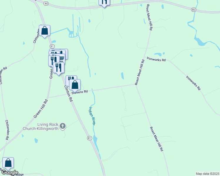 map of restaurants, bars, coffee shops, grocery stores, and more near 25 Stevens Road in Killingworth