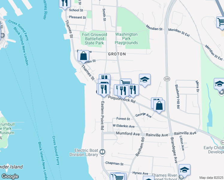 map of restaurants, bars, coffee shops, grocery stores, and more near 41 Hamilton Avenue in Groton