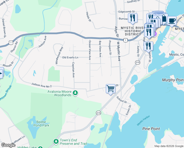 map of restaurants, bars, coffee shops, grocery stores, and more near 150 Ocean View Avenue in Groton