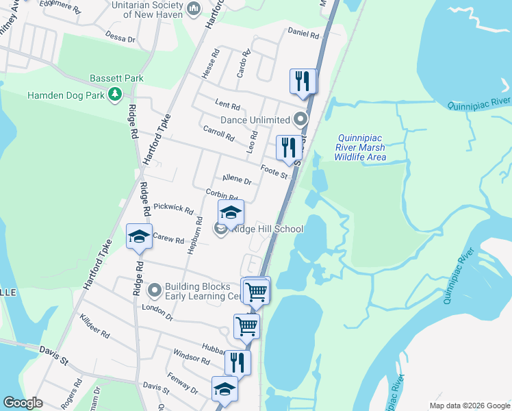 map of restaurants, bars, coffee shops, grocery stores, and more near 45 Corbin Road in Hamden