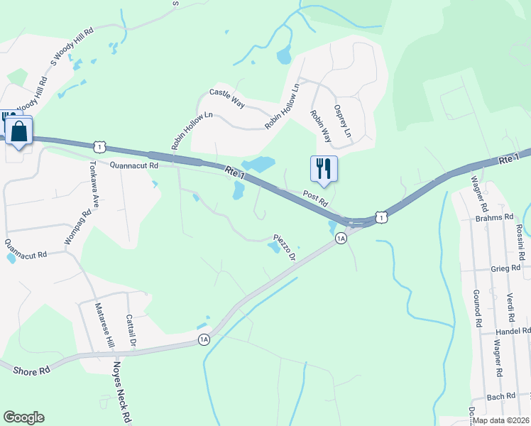 map of restaurants, bars, coffee shops, grocery stores, and more near 325 Post Road in Westerly