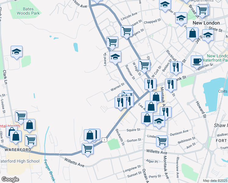 map of restaurants, bars, coffee shops, grocery stores, and more near 39 Warren Street in New London