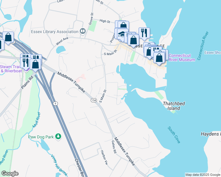 map of restaurants, bars, coffee shops, grocery stores, and more near 55 South Main Street in Essex