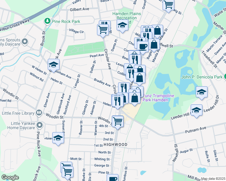 map of restaurants, bars, coffee shops, grocery stores, and more near 95 Circular Avenue in Hamden
