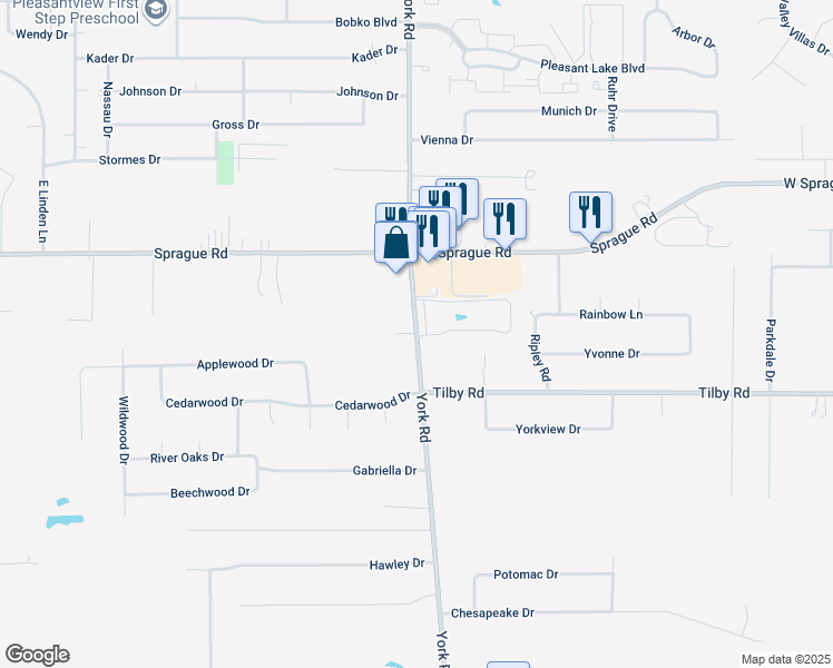 map of restaurants, bars, coffee shops, grocery stores, and more near 8199 York Road in North Royalton