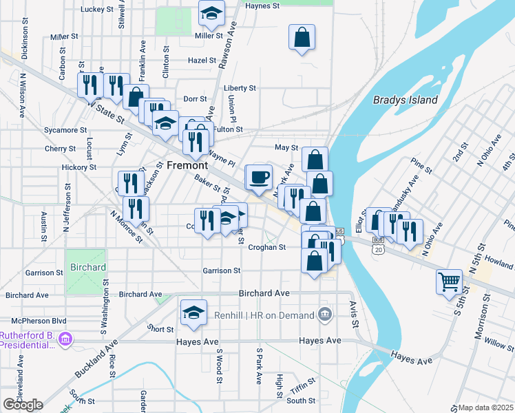 map of restaurants, bars, coffee shops, grocery stores, and more near 611 West State Street in Fremont
