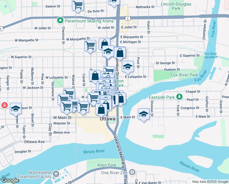map of restaurants, bars, coffee shops, grocery stores, and more near 101 East Lafayette Street in Ottawa