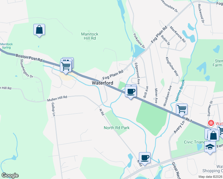 map of restaurants, bars, coffee shops, grocery stores, and more near 282 Boston Post Road in Waterford