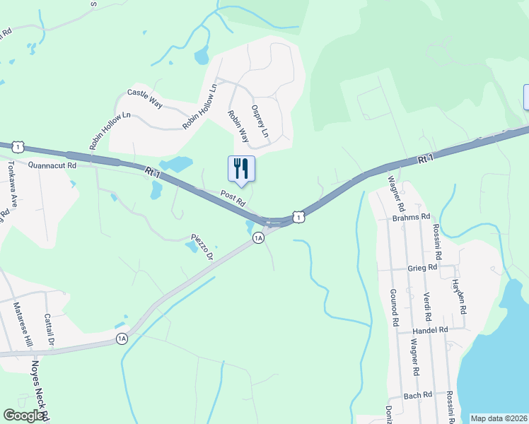 map of restaurants, bars, coffee shops, grocery stores, and more near 342 Post Road in Westerly