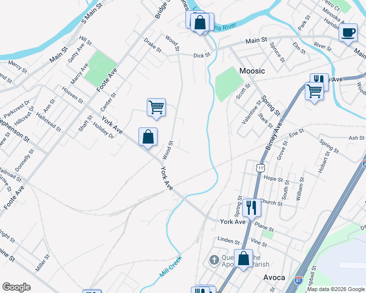 map of restaurants, bars, coffee shops, grocery stores, and more near 832 Wood St in Duryea