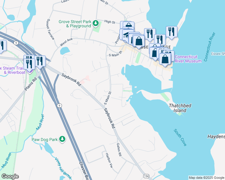 map of restaurants, bars, coffee shops, grocery stores, and more near 59 South Main Street in Essex