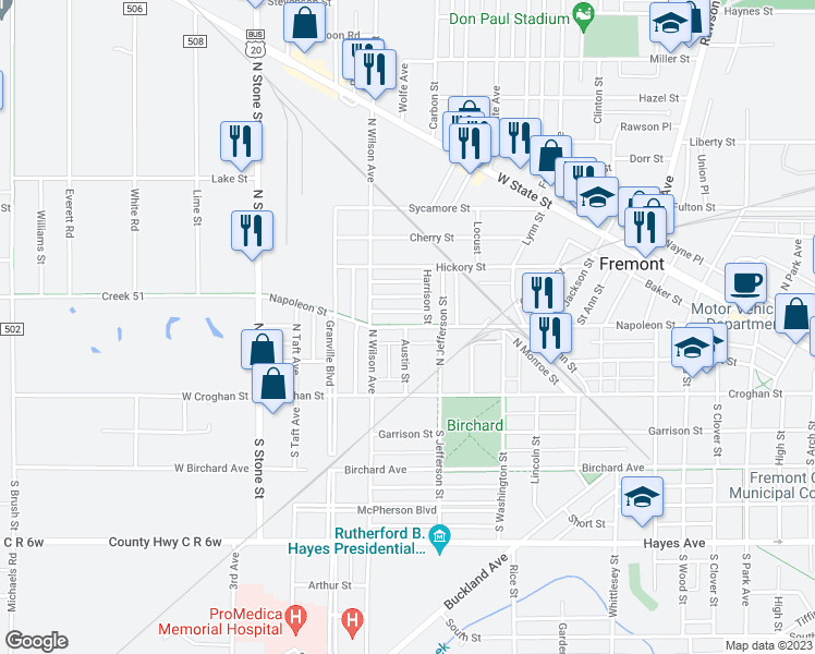 map of restaurants, bars, coffee shops, grocery stores, and more near Napoleon St & Austin St in Fremont