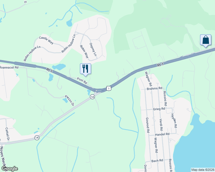 map of restaurants, bars, coffee shops, grocery stores, and more near 346 Post Road in Westerly