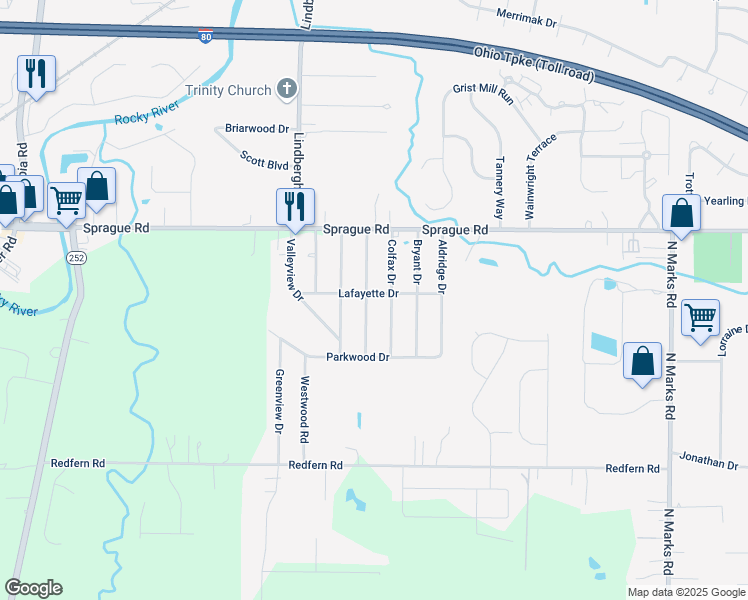 map of restaurants, bars, coffee shops, grocery stores, and more near 10031 Dupont Drive in Columbia Station