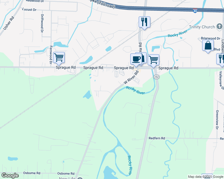 map of restaurants, bars, coffee shops, grocery stores, and more near 10120 West River Road in Columbia Station
