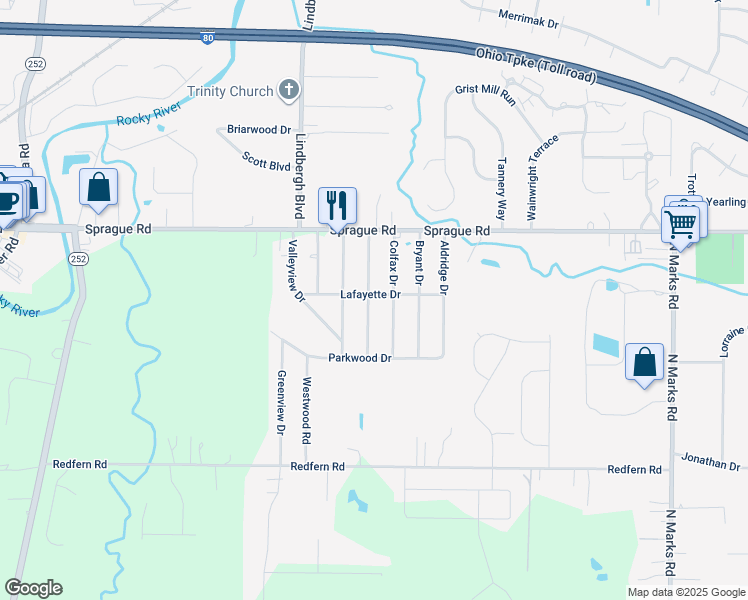 map of restaurants, bars, coffee shops, grocery stores, and more near 10031 Dupont Drive in Columbia Station