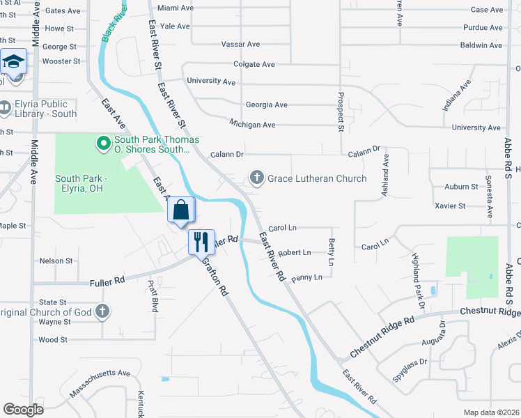map of restaurants, bars, coffee shops, grocery stores, and more near 9705 East River Road in Elyria