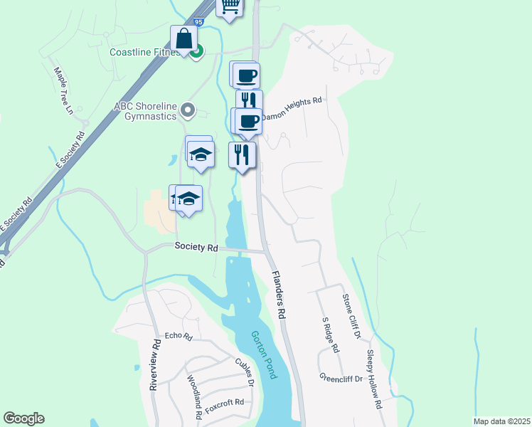 map of restaurants, bars, coffee shops, grocery stores, and more near 162 Flanders Road in East Lyme