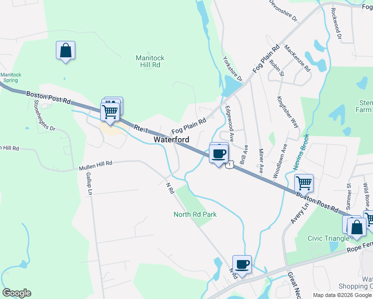 map of restaurants, bars, coffee shops, grocery stores, and more near 283 Boston Post Road in Waterford