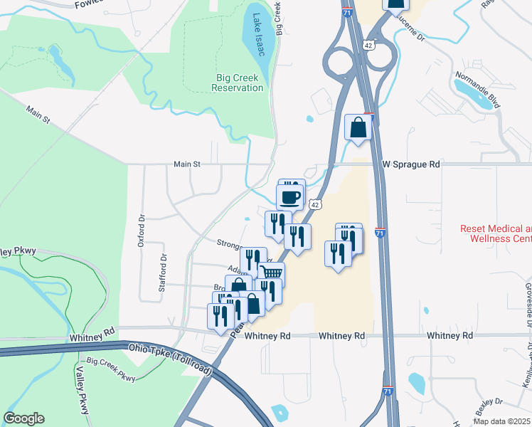 map of restaurants, bars, coffee shops, grocery stores, and more near 7838 Big Creek Trail in Middleburg Heights