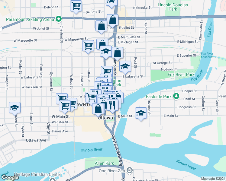 map of restaurants, bars, coffee shops, grocery stores, and more near 101 East Lafayette Street in Ottawa