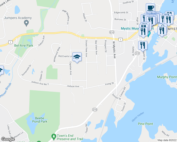 map of restaurants, bars, coffee shops, grocery stores, and more near 150 Ocean View Avenue in Groton