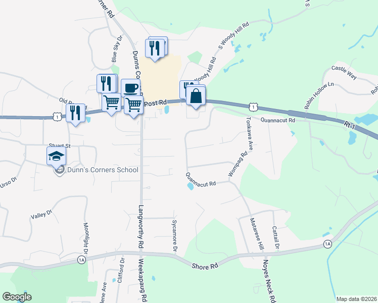 map of restaurants, bars, coffee shops, grocery stores, and more near 73A Quannacut Road in Westerly