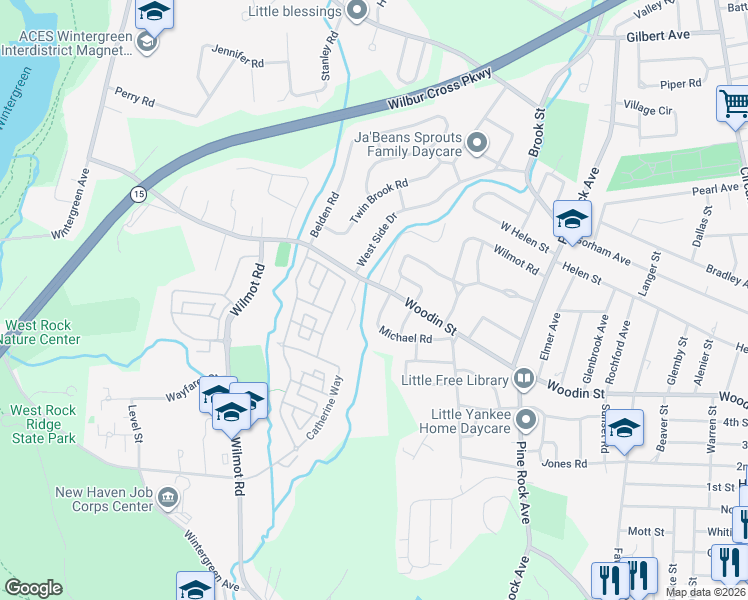 map of restaurants, bars, coffee shops, grocery stores, and more near 2 Thorpe Drive in Hamden