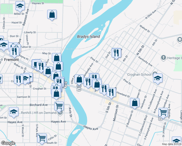 map of restaurants, bars, coffee shops, grocery stores, and more near 319 Sandusky Ave in Fremont