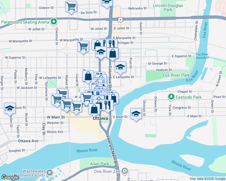 map of restaurants, bars, coffee shops, grocery stores, and more near 115 East Jackson Street in Ottawa