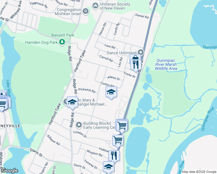 map of restaurants, bars, coffee shops, grocery stores, and more near 111 Corbin Road in Hamden